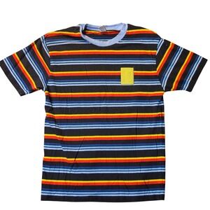 Y2K Odd Future Mens Striped T-Shirt‎ Black Multi Color Donut Logo Patch Medium